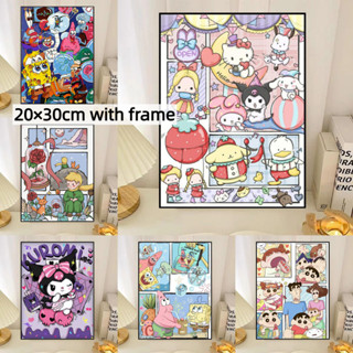 SANRIO Drofe ภาพวาดสีอะคริลิค รูปการ์ตูนชินจัง ขนาด 20×30 ซม. พร้อมกรอบรูป ระบายสีตามตัวเลข สําหรับตกแต่งบ้าน