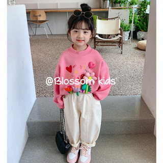 Blossom Kids Childrens top ท็อปส์ซูสาว เสื้อกันหนาว คอกลม ผ้าฝ้ายแท้ ขนาดเล็ก ลายดอกไม้ สไตล์เกาหลี สําหรับเด็กผู้หญิง