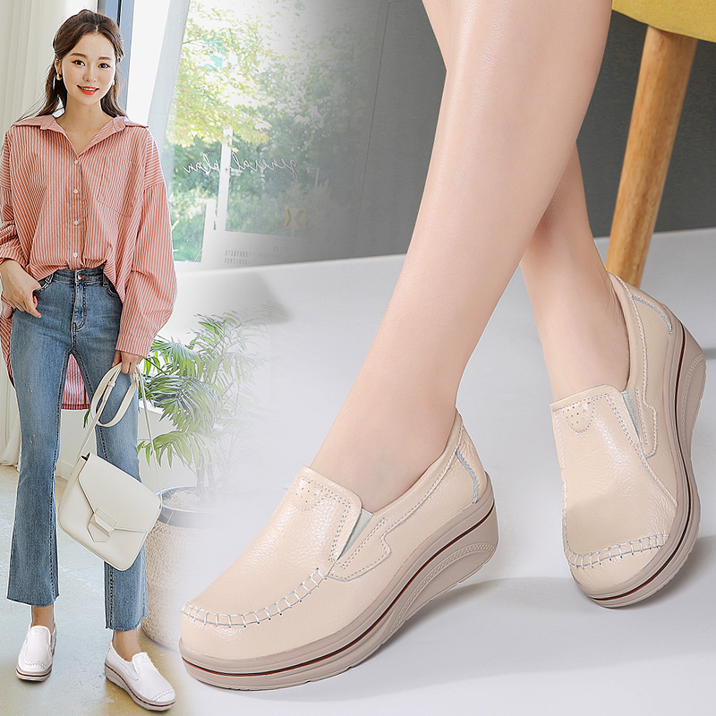 Handmade cowhide Womens Wedges Shoes Slip on Comfy Heels Shoes Casual Walking Shoes