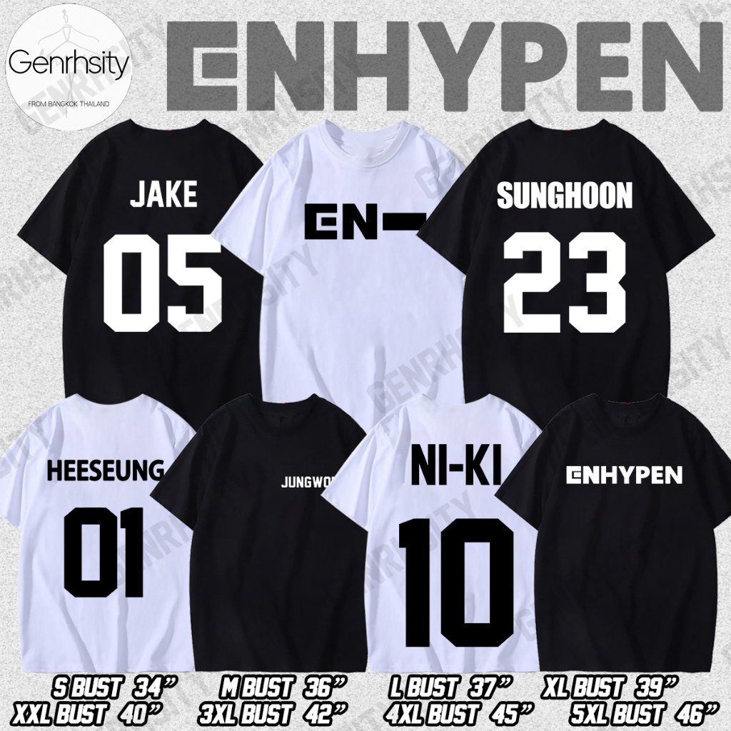Enhypen Jersey เสื้อยืด Jungwon Heeseung Jay Jake Sunghoon Sunoo Ni-Ki เสื้อยืดผู้ชาย เสื้อยืดผู้หญิง Black Tee