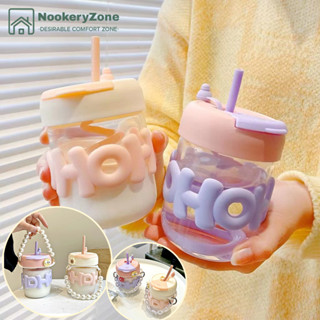 NookeryZone แก้วกาแฟแก้ว สีสันน่ารัก ขนาด 400มล พร้อมหลอดดูดแบบพกพา