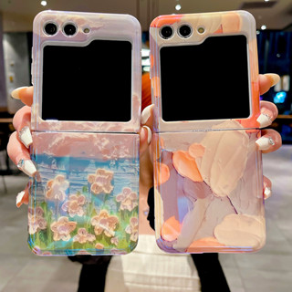 Zflip5 เคสโทรศัพท์มือถือ ลายภาพวาดสีน้ํามัน รูปดอกไม้ ขนาดเล็ก สีฟ้า สําหรับ Samsung Galaxy Z Flip 5 Z Flip 4 Z Flip 3 Z Fold 5 Z Fold Z Fold 3