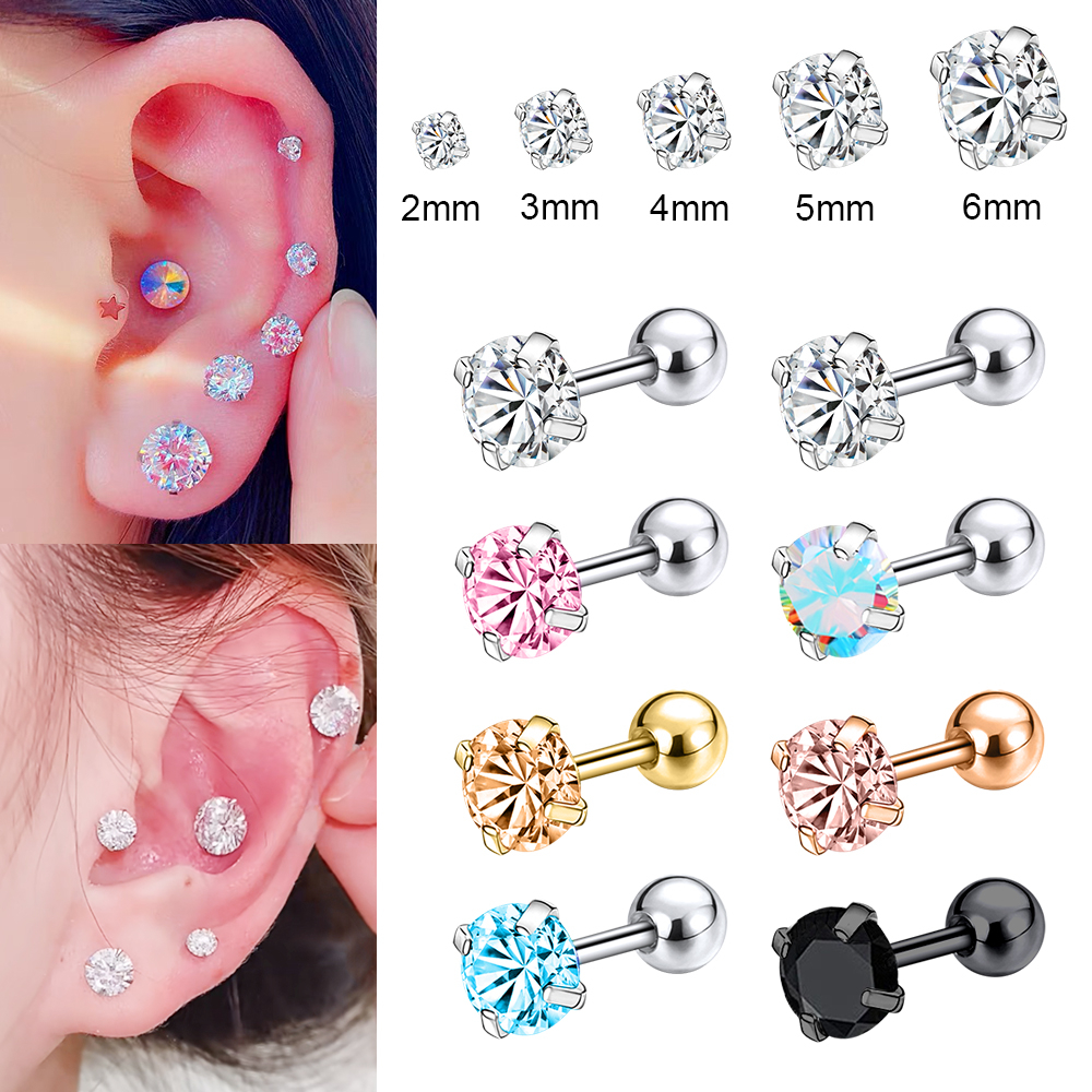 1 PC 2/3/4/5/6 มม.คริสตัลสแตนเลสกระดูกอ่อนสตั๊ดต่างหู 20G AAA Zircon ต่างหูขนาดเล็ก Conch Tragus เจาะ