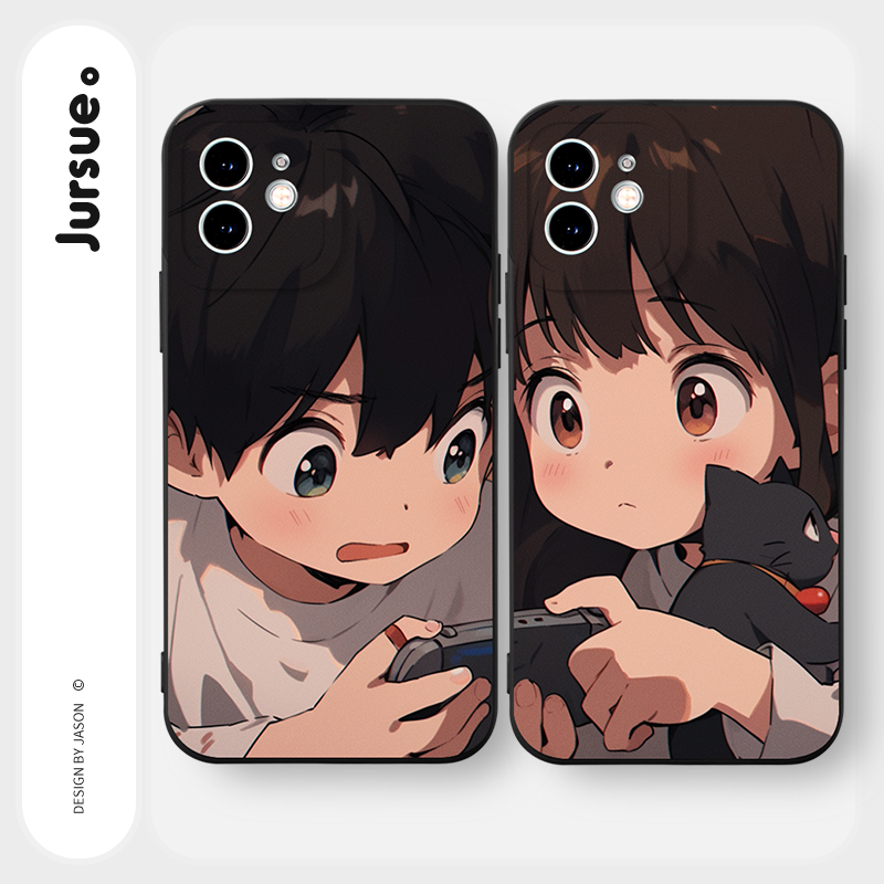 JURSUE เคสคู่ เคสไอโฟน คู่รัก กันกระแทกซิลิโคนนุ่มการ์ตูนน่ารักตลก เคสโทรศัพท์ สีดำ Compatible for iPhone 16 15 14 13 12 11 Pro Max SE 2020 X XR XS 8 7 Plus พลัส Y4094