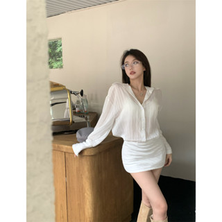 White Long sleeved Shirt Skirt Early Autumn Thin Perspective Short Skirt Polo Neck Dress