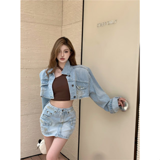 Spicy Girl Denim Set Womens Short Jacket Coat High Waist Half Skirt Two Piece Set