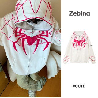 Zebina เสื้อกันหนาวลําลอง มีฮู้ด พิมพ์ลายแมงมุม ทรงหลวม สไตล์อเมริกัน แฟชั่นฤดูใบไม้ร่วง และฤดูหนาว สําหรับผู้หญิง