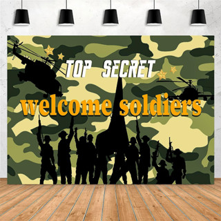 ธงแบนเนอร์ ลายพราง Welcome Soldiers Home Backdrop 7x5 ฟุต สําหรับตกแต่งพื้นหลังถ่ายภาพ ธีมวันเกิด ปาร์ตี้