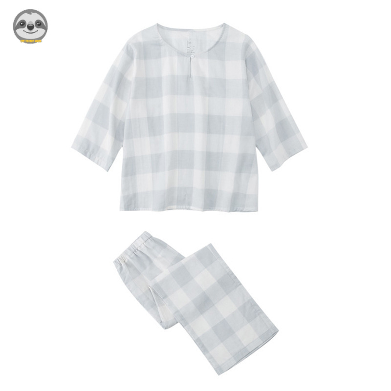 สไตล์ญี่ปุ่น Muji / ผู้หญิง แขนสามส่วน เลาจ์แวร์ ฟันสุนัข / ชุดนอน คอกลม สําหรับผู้หญิง / ชุดนอนผ้าฝ้าย / ชุดตรวจสอบ / ลําลอง สามารถสวมใส่ด้านนอก เลาจ์แวร์