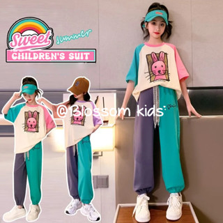 Blossom Kids Childrens Suit ชุดกีฬาแขนสั้นลําลอง ทรงหลวม ขนาดใหญ่ แฟชั่นฤดูร้อน สไตล์เกาหลีตะวันตก สําหรับเด็กผู้หญิง