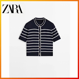 Zara เสื้อคาร์ดิแกน ตัวสั้น ผ้าฝ้าย ลายทาง ติดกระดุม ขนาดเล็ก สไตล์หอม สําหรับผู้หญิง 05642510401