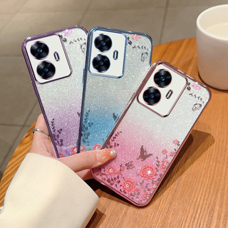 เคสโทรศัพท์มือถือแบบนิ่ม แต่งกลิตเตอร์ ไล่โทนสี ลายดอกไม้ ระยิบระยับ หรูหรา สําหรับ OPPO Realme C55 C53 C35 C33 C30S C31 C35 C20 C21Y C17 C15 4G 5G Realme 5 7i 9