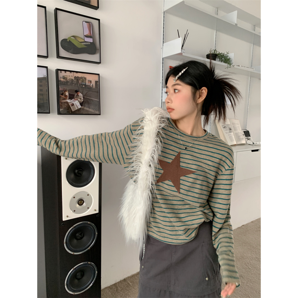 love flower เสื้อยืดแขนยาวลําลอง ลายทาง สไตล์อเมริกัน วินเทจ สําหรับผู้หญิง