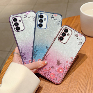 เคสโทรศัพท์มือถือแบบนิ่ม แต่งกลิตเตอร์ ไล่โทนสี ลายดอกไม้ หรูหรา สําหรับ Samsung Galaxy A14 A13 A73 A23 A54 A53 A33 A32 A52S A72 A12 4G 5G