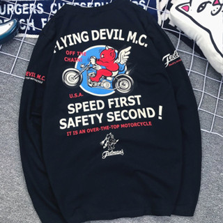 ((พร้อมส่ง) เสื้อยืดแขนยาว พิมพ์ลายการ์ตูน Lucky Ghost Little Devil Motorcycle สไตล์ญี่ปุ่น เรโทร สําหรับผู้ชาย และผู้หญิง