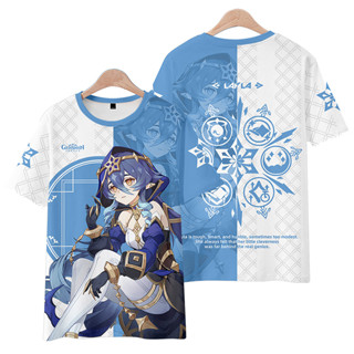 ใหม่ เสื้อยืดแขนสั้นลําลอง มีฮู้ด พิมพ์ลายอนิเมะ Genshin Impact Layla 3D ทรงหลวม สไตล์เกาหลี สําหรับผู้ชาย และผู้หญิง