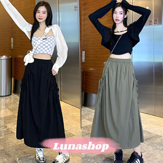 Luna shop🍑 Y2k กระโปรง Midi สำหรับผู้หญิงกระโปรงเอวสูงลำลองกระโปรงเอวยางยืดแฟชั่นกระโปรงยาว