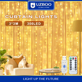 Uzboo ม่านไฟ LED IP65 กันน้ํา 3*3 เมตร ม่านหน้าต่าง รีโมทคอนโทรล ไฟม่าน USB เสียบสายไฟทองแดง