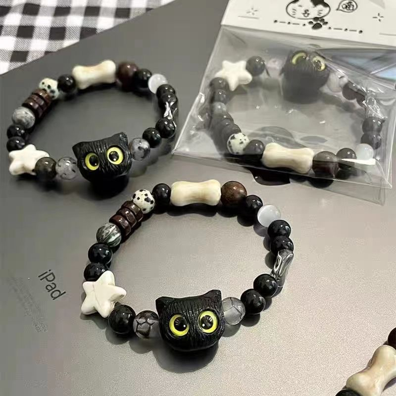 สร้อยข้อมือ ประดับลูกปัด จี้รูปการ์ตูนแมวน่ารัก สีดํา สําหรับผู้หญิง ราคา ถูกที่สุด ดีลบีเคเค แกลเลอรีภาพที่ 2