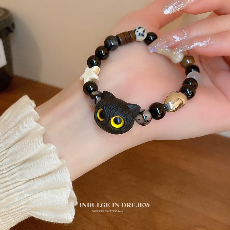 สร้อยข้อมือ ประดับลูกปัด จี้รูปการ์ตูนแมวน่ารัก สีดํา สําหรับผู้หญิง ราคา ถูกที่สุด ดีลบีเคเค แกลเลอรีภาพที่ 3