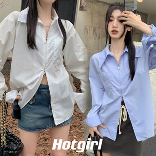 Hotgirl  พร้อมส่งจากกทม ✨เสื้อเชิ้ตผู้หญิง Y2K เสื้อเชิ้ตแขนยาวผู้หญิงสีขาว เสื้อแฟชั่นย้อนยุคฝรั่งเศส เสื้อโค้ทแขนยาวปกโปโลซิปคู่