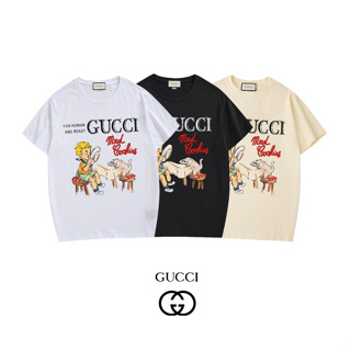 Gucc1 เสื้อยืดลําลอง ผ้าฝ้าย แขนสั้น คอกลม พิมพ์ลาย แฟชั่นสําหรับผู้ชาย และผู้หญิง