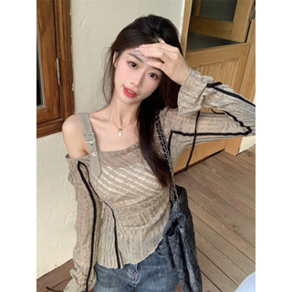 Sharon Early Autumn Irregular Design Off Shoulder Tassel Long Sleeve Slim Fit Knit Top