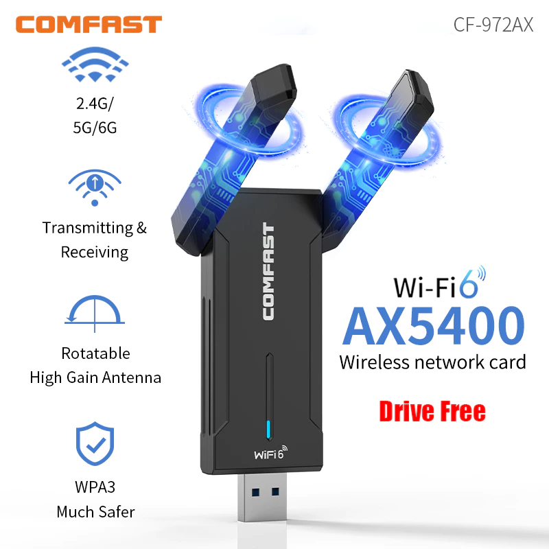 COMFAST AX5400 ตัวรับสัญญาณ WiFi ไร้สาย USB 6 USB 3.0 gaming free driver RTL8832CU WPA3 สําหรับ Win10/11 CF-972AX