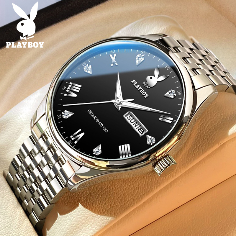PLAYBOY นาฬิกาผู้ชาย กันน้ำ 100% สายนาฬิกาสแตนเลส พร้อมกล่อง เรืองแสง สีทอง สีฟ้า สีดํา สีขาว นาฬิกาข้อมือ รุ่น: 3038