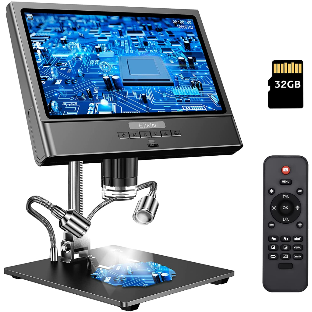 กล้องจุลทรรศน์ดิจิทัล 10 นิ้ว 50X-1300X Digital Soldering Microscope พร้อมขาตั้งโลหะ 1080P ไฟเติม LED 10 ดวง โฟกัสแม่นยํามาก 12MP การ์ด 32GB