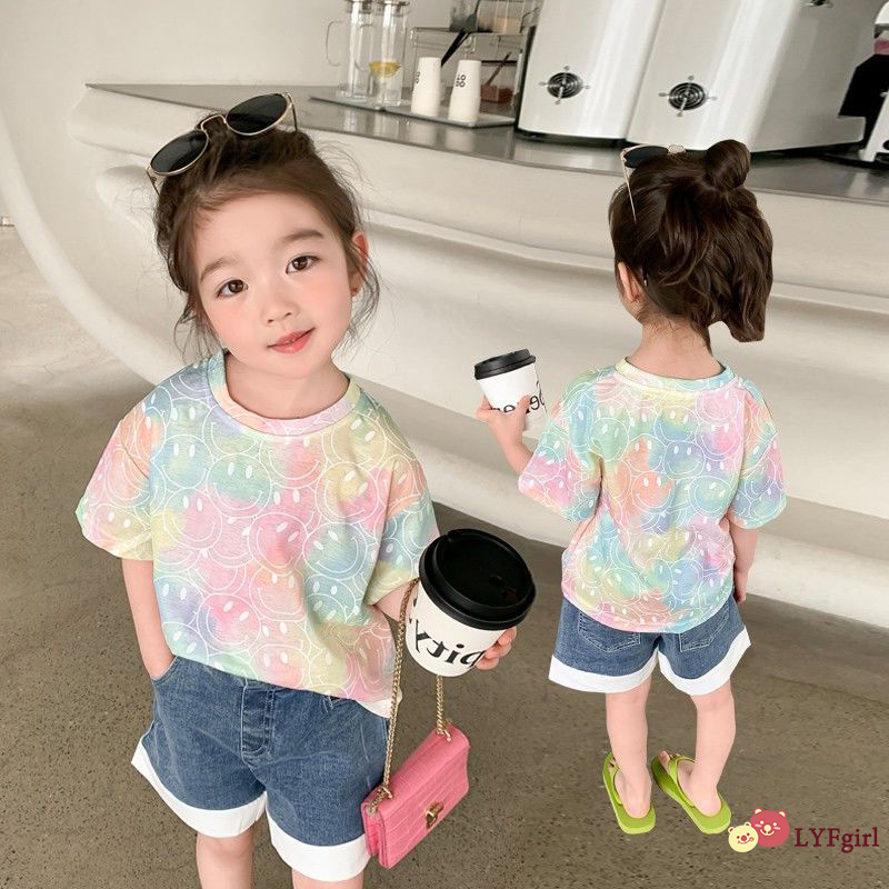 🍭พร้อมส่ง เสื้อยืดแขนสั้น คอกลม ผ้าฝ้ายแท้ พิมพ์ลายการ์ตูน สไตล์เกาหลี แฟชั่นฤดูร้อน สําหรับเด็กผู้หญิง