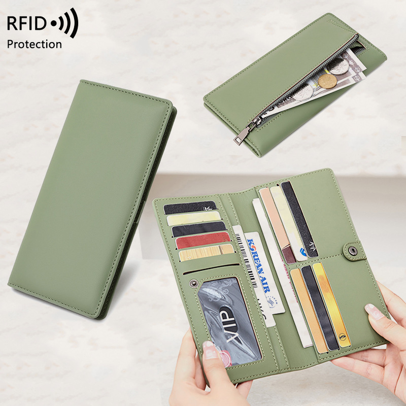 R RFID กระเป๋าสตางค์ ใบยาว หนัง PU บางมาก มีซิป กันขโมย สีพื้น แฟชั่นเรียบง่าย สําหรับผู้หญิง