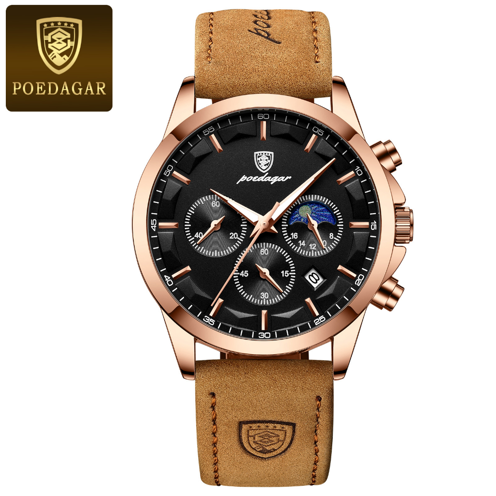 POEDAGAR นาฬิกาผู้ชาย กันน้ำ 100% แท้ ธุรกิจ กีฬา รับประกัน มัลติฟังก์ชั่น พร้อมกล่อง ดูเวลา ดูวันที่ เรืองแสง สายหนังกันน้ำ 928