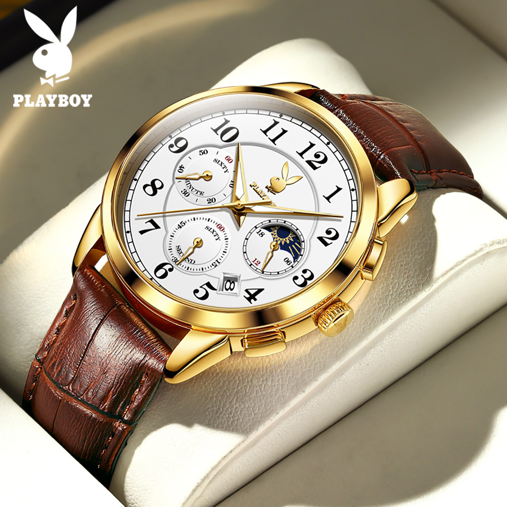 PLAYBOY นาฬิกาผู้ชายกันน้ํา 100% แท้ สายหนัง นาฬิกาควอตซ์ ของขวัญวันเกิดผู้ชาย มี 4 สี นาฬิกาข้อมือ รุ่น: 3027