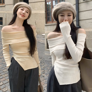 เสื้อกันหนาว เปิดไหล่ คอปก ทรงไม่สมมาตร แบบเข้ารูป ยืดหยุ่นสูง สําหรับผู้หญิง