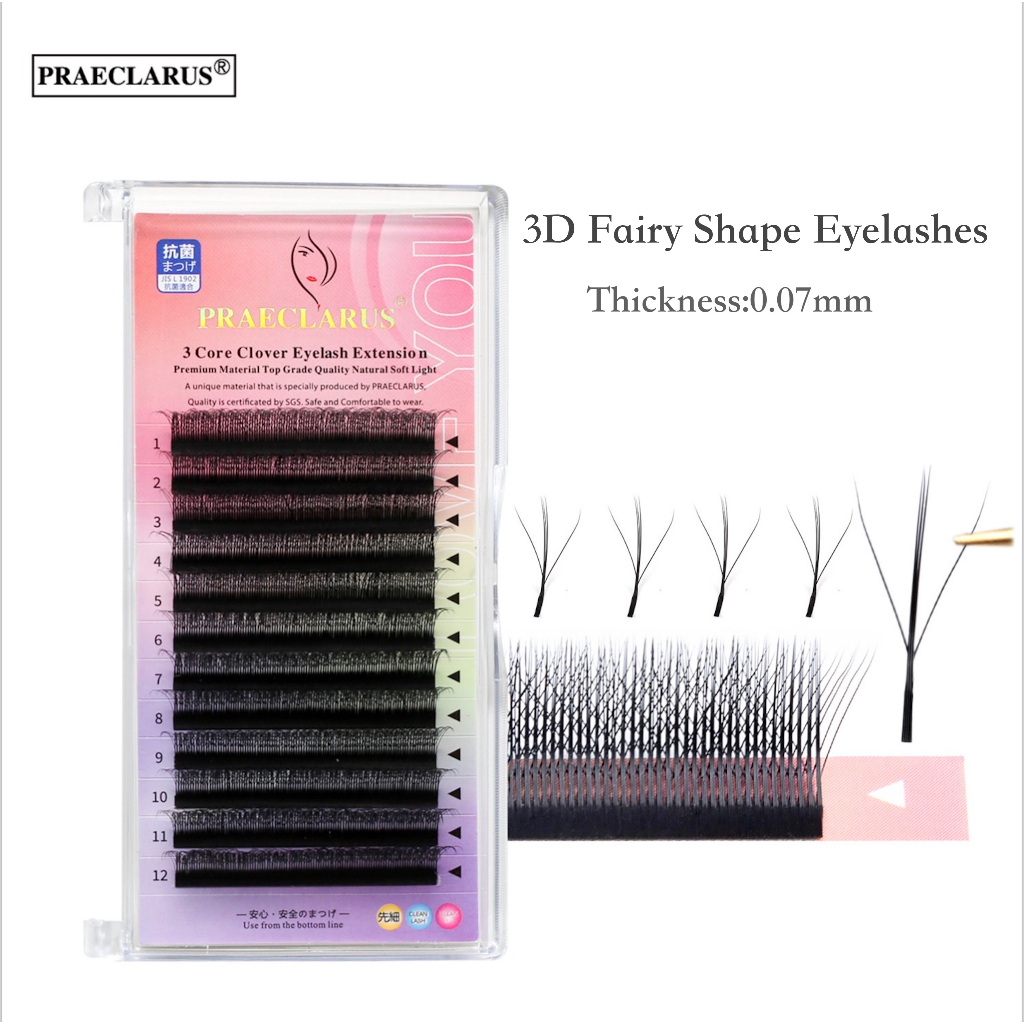 PRAECLARUS 3D นางฟ้า การต่อขนตา พรีเมี่ยมวัสดุ PBT ความหนาถักด้วยมือ 0.07 มม. ธรรมชาติอ่อนนุ่ม 3 แกน Fairy Eyelash W รูปร่างต่อขนตาปลอม
