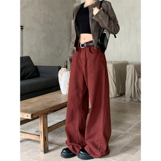 Brick red retro jeans, womens casual pants, womens wide pants, straight leg pants