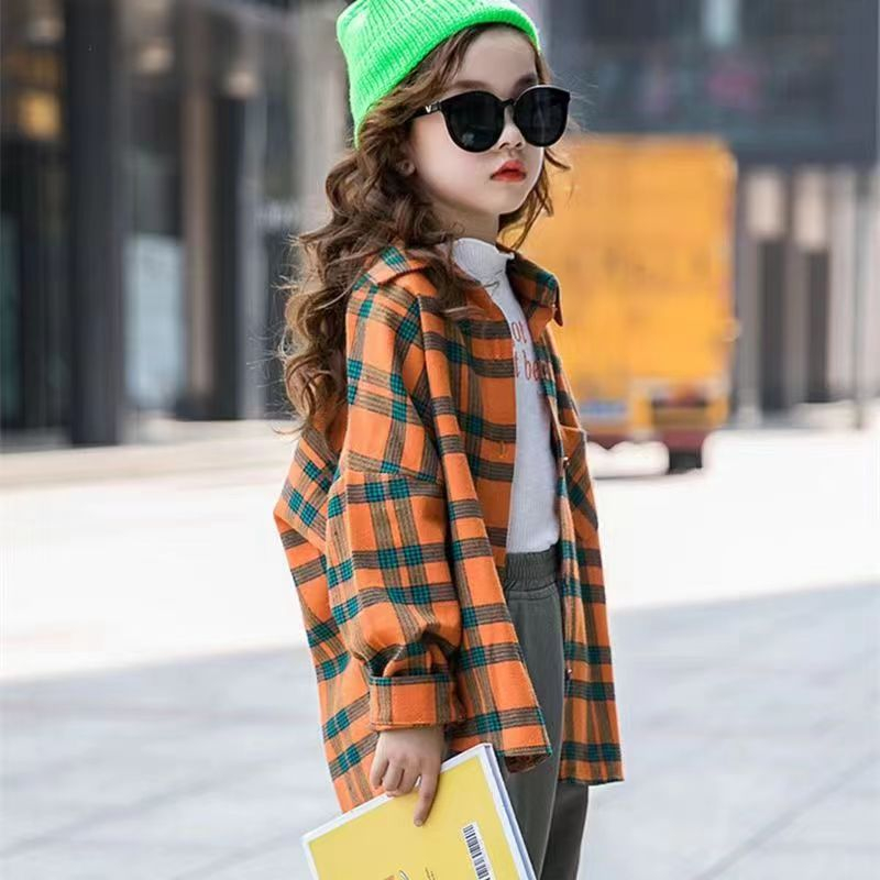 เสื้อเชิ้ตแขนยาว ลายตาราง แฟชั่นฤดูใบไม้ผลิ และฤดูใบไม้ร่วง สําหรับเด็กผู้หญิง