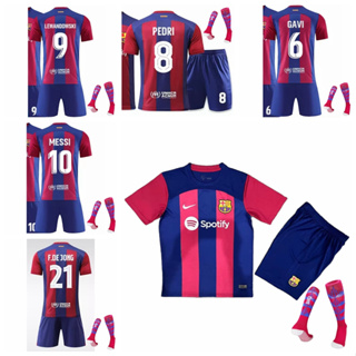 เสื้อกีฬาแขนสั้น ลายทีมชาติฟุตบอล Messi Pedri Gavi Lewandowski De Jong 2023-24 Season Barcelona ชุดเหย้า