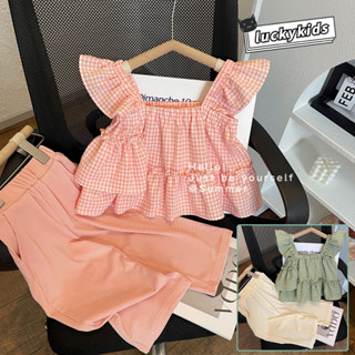 2 ชิ้น / เซต หวาน เด็กผู้หญิง แขนบาน เสื้อ เสื้อกั๊ก + กางเกง ชุดลําลอง