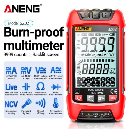 Aneng SZ02 เครื่องทดสอบมัลติมิเตอร์ดิจิทัล ทรานซิสเตอร์ 9999 นับ True RMS ความจุไฟฟ้าอัตโนมัติ ตัวต้