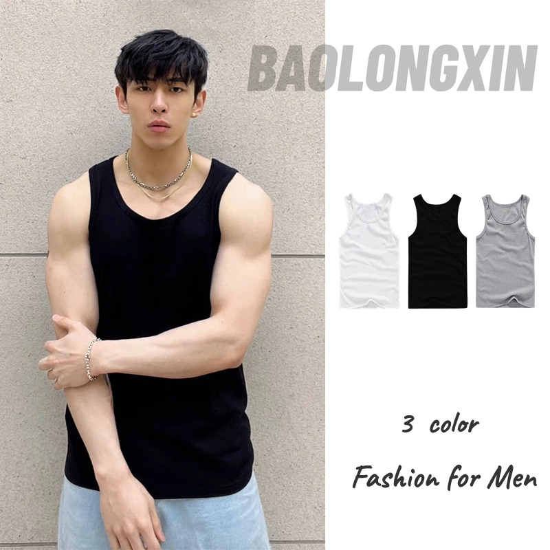 BAOLONGXIN ฤดูร้อนโรงยิมทิ้งเสื้อกั๊กผู้ชายผ้าฝ้ายรัดรูปกีฬาชั้นในฟิตเนสดูดซับเหงื่อเสื้อสเวตเตอร์สีขาวด้านล่าง