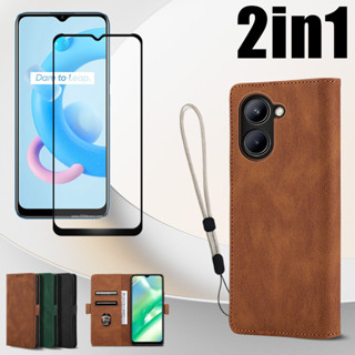 2 in 1 เคสโทรศัพท์หนัง ฝาพับ หรูหรา สําหรับ Realme C33(ลายนิ้วมือด้านข้าง) พร้อมฟิล์มเซรามิค และสายคล้องโทรศัพท์มือถือ ปรับได้