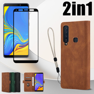 2 in 1 เคสโทรศัพท์หนัง ฝาพับ หรูหรา สําหรับ Samsung A9 2018 พร้อมฟิล์มเซรามิค และสายคล้องโทรศัพท์มือถือ ปรับได้