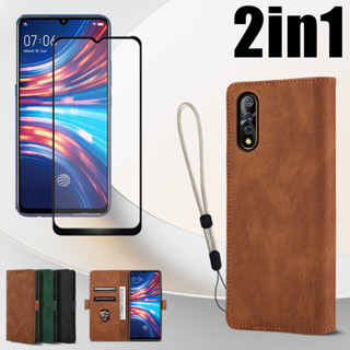 2 in 1 เคสโทรศัพท์หนัง ฝาพับ หรูหรา สําหรับ VIVO S1 2019 iQOO Neo พร้อมฟิล์มเซรามิค และสายคล้องโทรศัพท์มือถือ ปรับได้