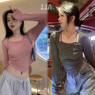 LLN🍑ใหม่ เสื้อยืดแขนยาว แบบผูกเชือก ทรงไม่สม่ําเสมอ สีชมพู สีเทา สําหรับผู้หญิง