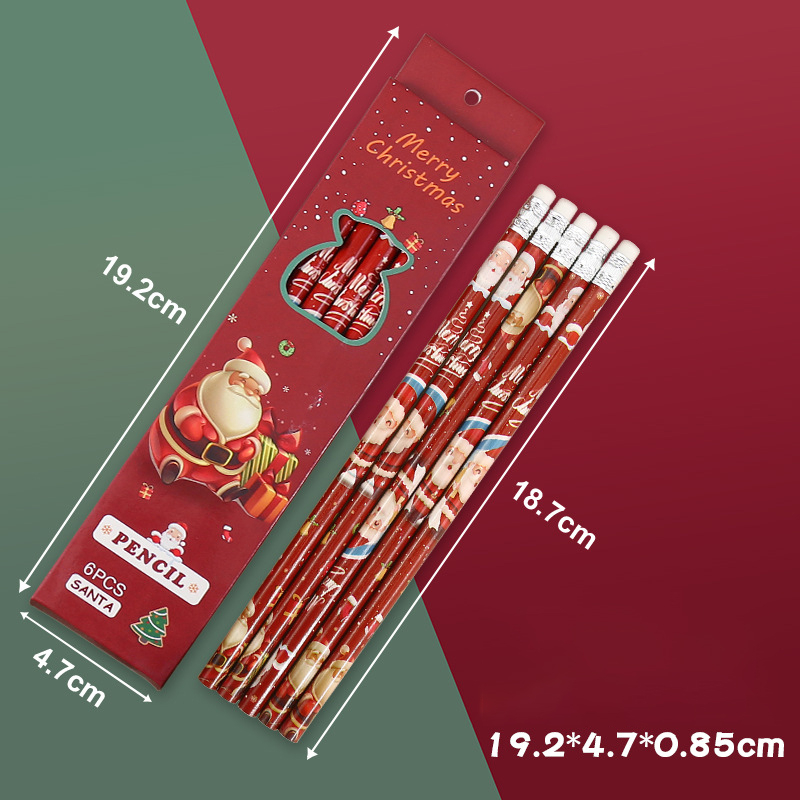 ดินสอการ์ตูนคริสต์มาส HB 6 ชิ้นพร้อมยางลบของขวัญคริสต์มาสเครื่องเขียนเด็ก