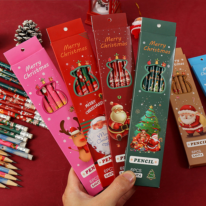ดินสอการ์ตูนคริสต์มาส HB 6 ชิ้นพร้อมยางลบของขวัญคริสต์มาสเครื่องเขียนเด็ก