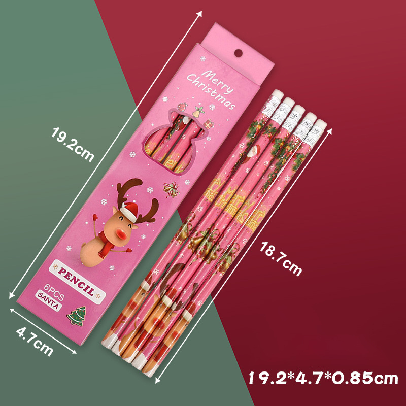 ดินสอการ์ตูนคริสต์มาส HB 6 ชิ้นพร้อมยางลบของขวัญคริสต์มาสเครื่องเขียนเด็ก