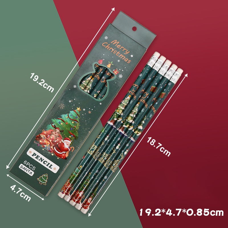ดินสอการ์ตูนคริสต์มาส HB 6 ชิ้นพร้อมยางลบของขวัญคริสต์มาสเครื่องเขียนเด็ก